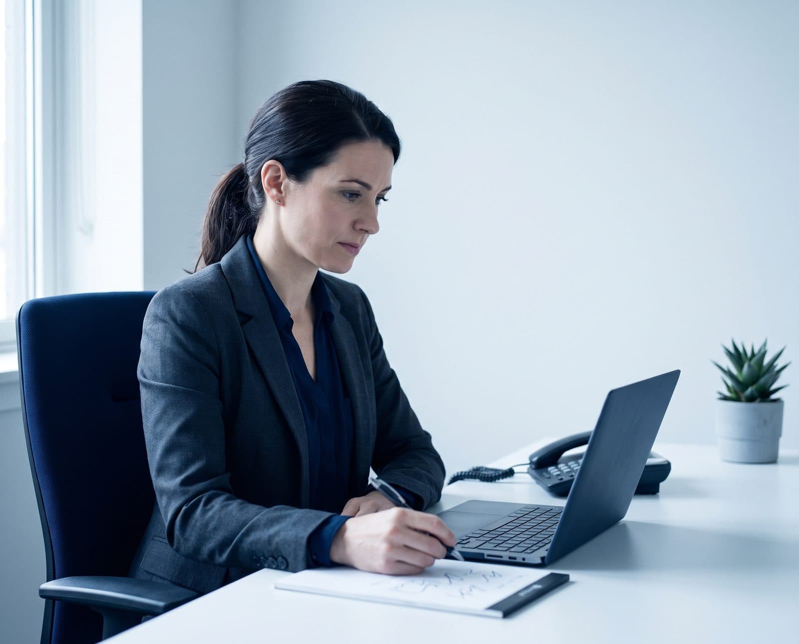 A practice administrator working remotely at a desk with a laptop and telephone
